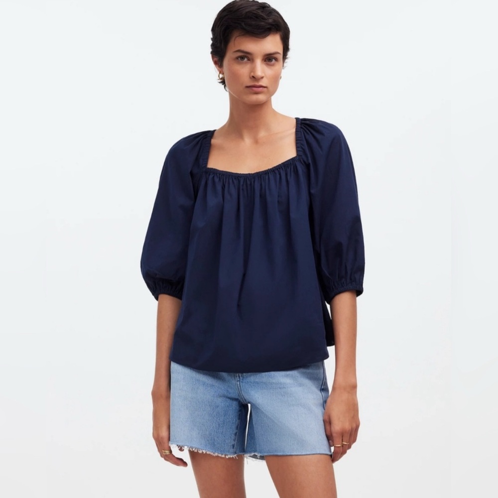 Madewell Navy Blue NWT Puff Sleeve Square Neck Babydoll Top Size 4 New
